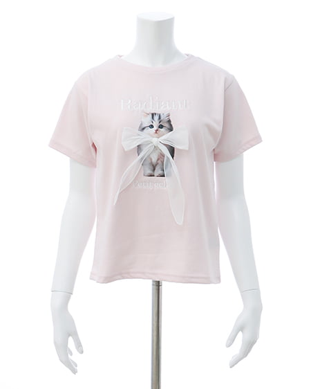 INGNI（イング） 装飾リボン付ねこTシャツ ﾗｲﾄﾋﾟﾝｸ