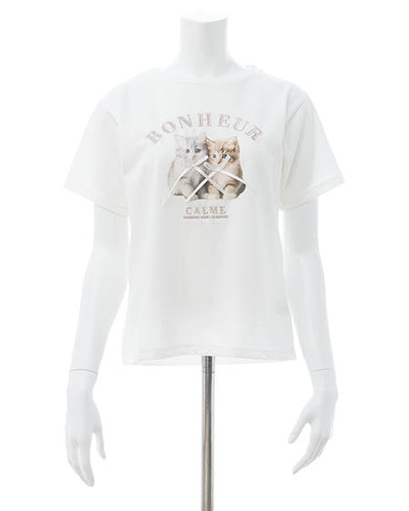 INGNI（イング） リボン付ねこTシャツ ｵﾌﾎﾜｲﾄ