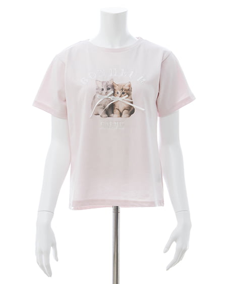 INGNI（イング） リボン付ねこTシャツ ﾗｲﾄﾋﾟﾝｸ