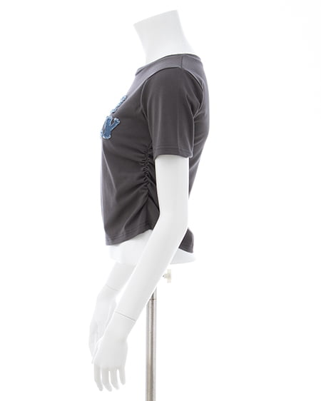 INGNI（イング） デニム貼付サイドギャザーTシャツ ﾁｬｺｰﾙｸﾞﾚｰ