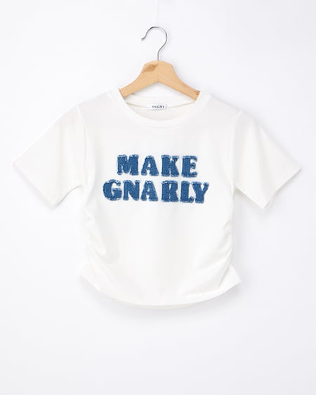デニム貼付サイドギャザーTシャツ