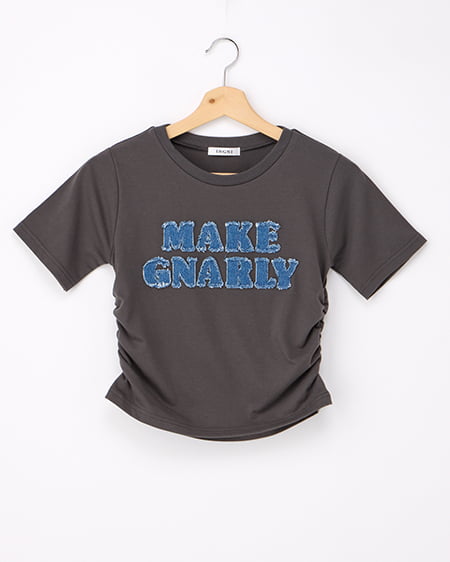 デニム貼付サイドギャザーTシャツ