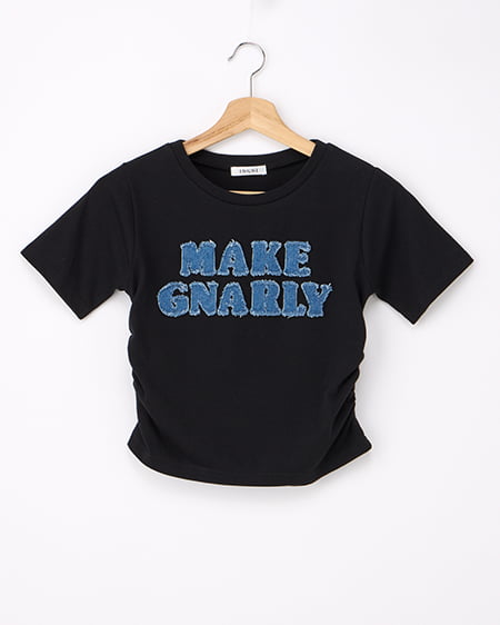 デニム貼付サイドギャザーTシャツ
