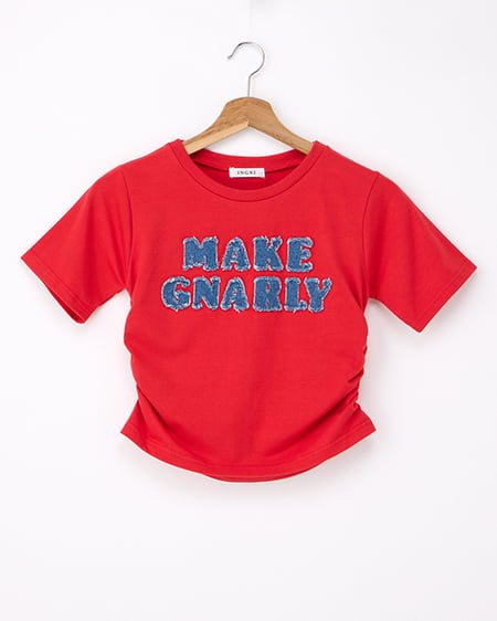 デニム貼付サイドギャザーTシャツ