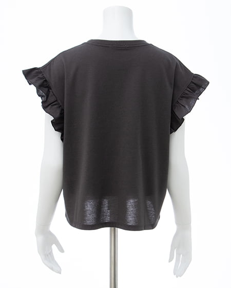 INGNI（イング） 袖フリルロゴTシャツ ﾁｬｺｰﾙｸﾞﾚｰ/ﾌﾞﾙｰ