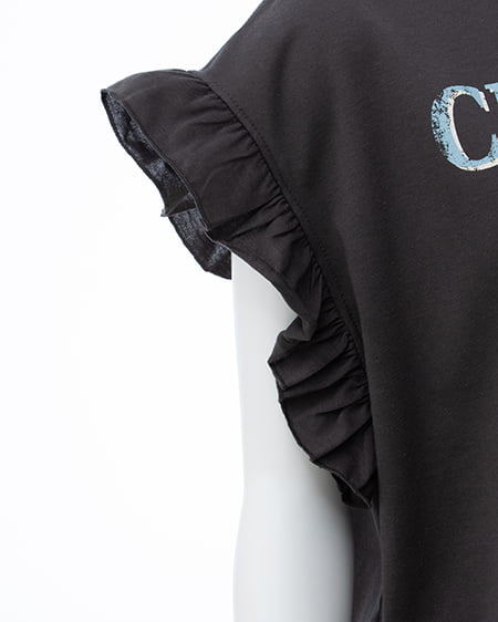 INGNI（イング） 袖フリルロゴTシャツ ﾁｬｺｰﾙｸﾞﾚｰ/ﾌﾞﾙｰ