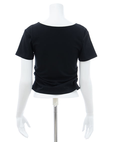 INGNI（イング） サイドギャザーレース付ロゴクロスTシャツ ｸﾛ/ｵﾌﾎﾜｲﾄ