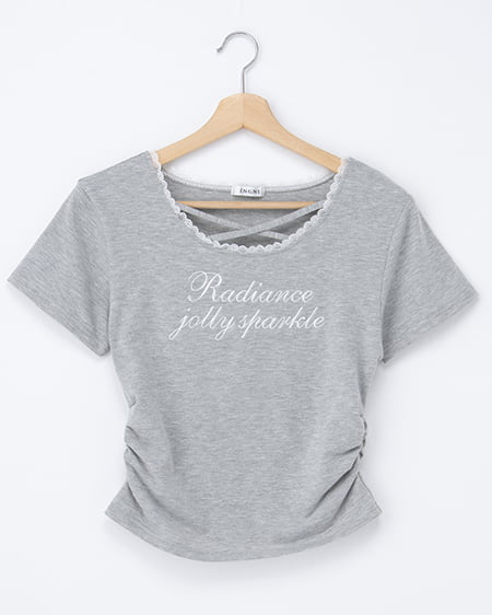 サイドギャザーレース付ロゴクロスTシャツ