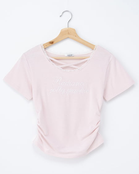 サイドギャザーレース付ロゴクロスTシャツ