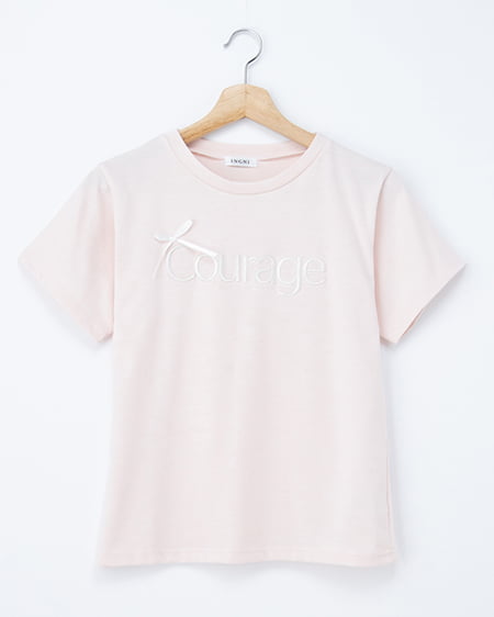 リボン付ラメ刺繍ロゴレース出しTシャツ