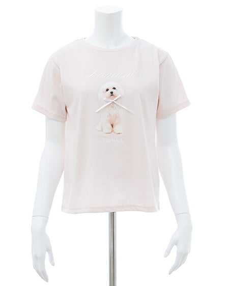 INGNI（イング） リボン付犬プリントTシャツ ﾋﾟﾝｸ/ｵﾌﾎﾜｲﾄ