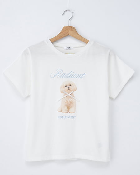 リボン付犬プリントTシャツ