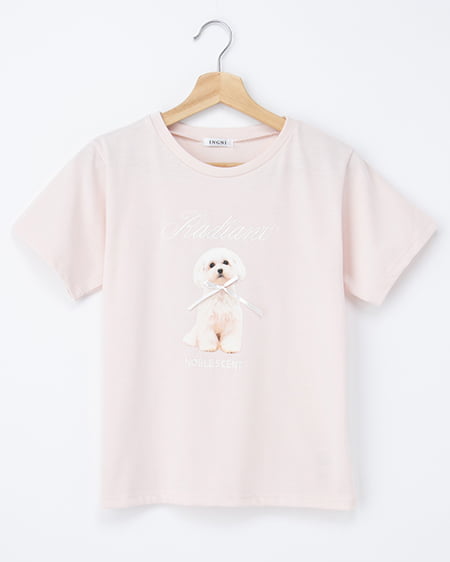 リボン付犬プリントTシャツ