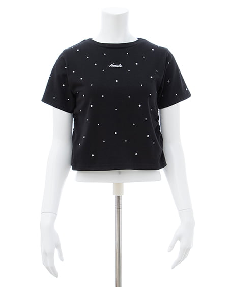 INGNI（イング） サイドギャザーラインストーン飛ばしプレート付Tシャツ ｸﾛ