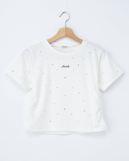 サイドギャザーラインストーン飛ばしプレート付Tシャツ