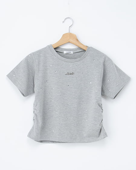 サイドギャザーラインストーン飛ばしプレート付Tシャツ