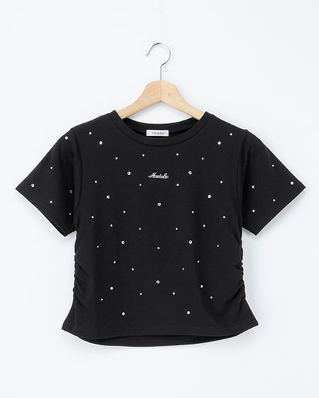 サイドギャザーラインストーン飛ばしプレート付Tシャツ