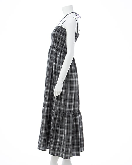 INGNI（イング） ホルターネックチェック柄シャーリングワンピース ｸﾛ/ﾁｪｯｸ