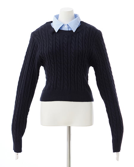 INGNI(イング) シャツ襟付ケーブルニット コン/ブルー