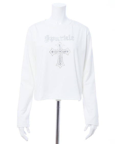 INGNI（イング） ラインストーンクロスロングTシャツ ｵﾌﾎﾜｲﾄ