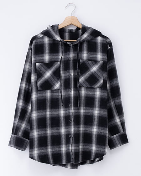 フードビッグチェック柄シャツ