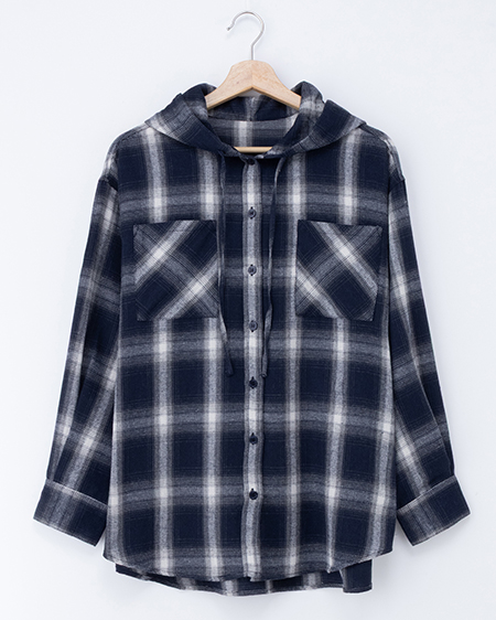 フードビッグチェック柄シャツ