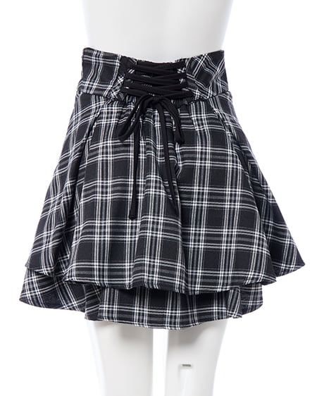 INGNI（イング） バックレースアップチェック柄タックフレアスカート ｸﾛ/ﾁｪｯｸ