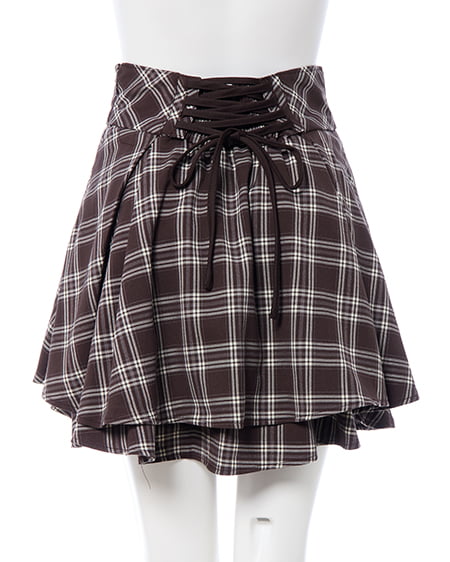 INGNI（イング） バックレースアップチェック柄タックフレアスカート ﾌﾞﾗｳﾝ/ﾁｪｯｸ