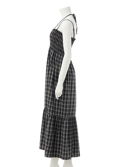 INGNI（イング） ホルターネックチェック柄シャーリングワンピース ｸﾛ/ﾁｪｯｸ