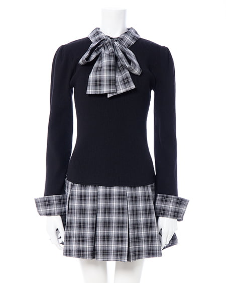 INGNI（イング） チェック柄ボウタイシャツドッキングニットワンピース ｸﾛ/ｸﾛ