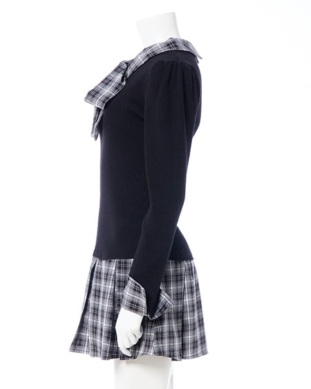 INGNI（イング） チェック柄ボウタイシャツドッキングニットワンピース ｸﾛ/ｸﾛ