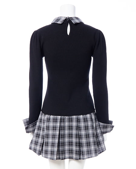 INGNI（イング） チェック柄ボウタイシャツドッキングニットワンピース ｸﾛ/ｸﾛ