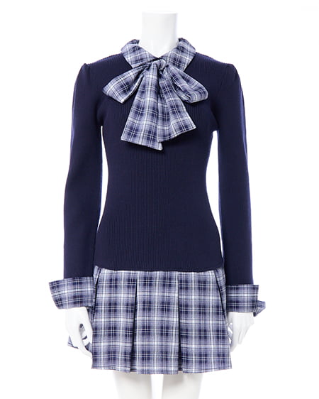 INGNI（イング） チェック柄ボウタイシャツドッキングニットワンピース ｺﾝ/ｺﾝ