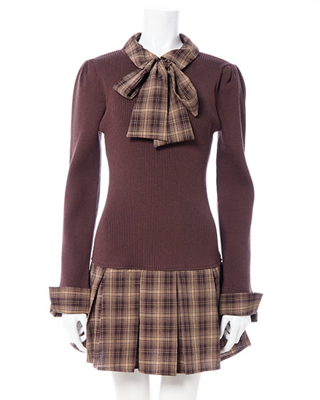 INGNI（イング） チェック柄ボウタイシャツドッキングニットワンピース ﾌﾞﾗｳﾝ/ﾌﾞﾗｳﾝ