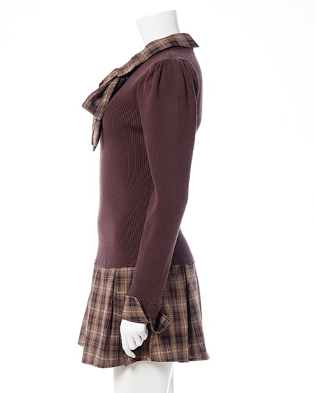 INGNI（イング） チェック柄ボウタイシャツドッキングニットワンピース ﾌﾞﾗｳﾝ/ﾌﾞﾗｳﾝ