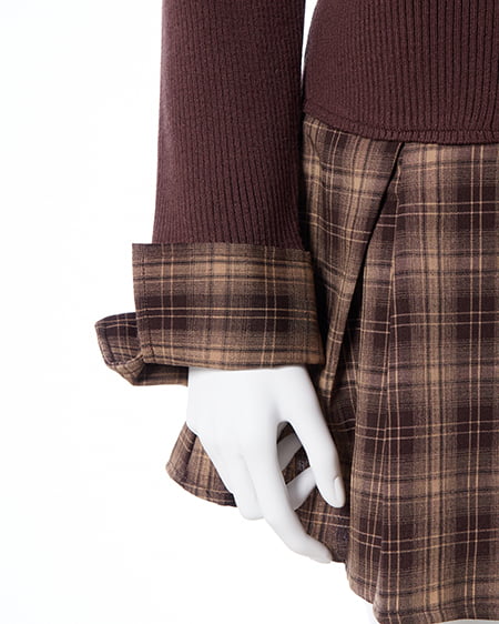 INGNI（イング） チェック柄ボウタイシャツドッキングニットワンピース ﾌﾞﾗｳﾝ/ﾌﾞﾗｳﾝ