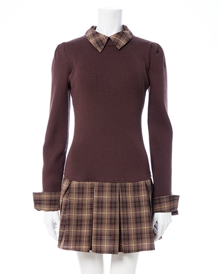 INGNI（イング） チェック柄ボウタイシャツドッキングニットワンピース ﾌﾞﾗｳﾝ/ﾌﾞﾗｳﾝ