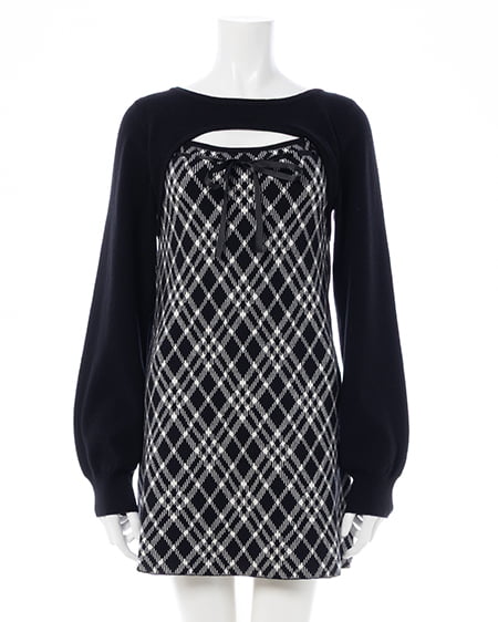 INGNI（イング） デコルテオープンチェック柄切替ニットワンピース ｸﾛｵﾌ/ﾁｪｯｸ