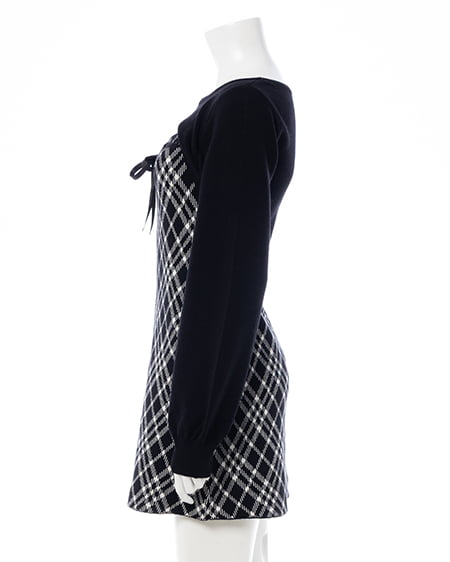 INGNI（イング） デコルテオープンチェック柄切替ニットワンピース ｸﾛｵﾌ/ﾁｪｯｸ