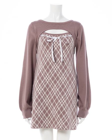 INGNI（イング） デコルテオープンチェック柄切替ニットワンピース ﾓｶﾋﾟﾝｸｵﾌ/ﾁｪｯｸ