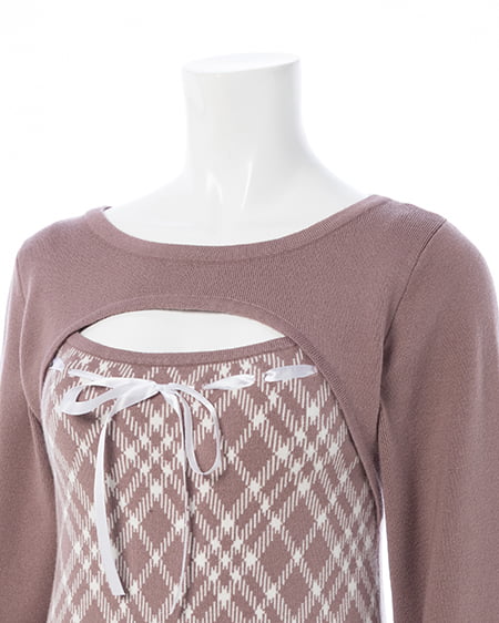 INGNI（イング） デコルテオープンチェック柄切替ニットワンピース ﾓｶﾋﾟﾝｸｵﾌ/ﾁｪｯｸ