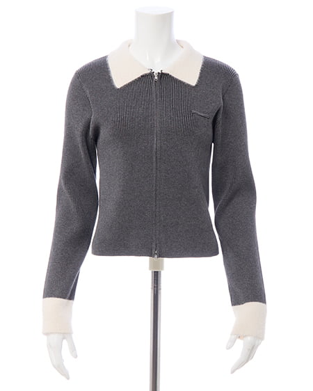 INGNI（イング） リブフェザー襟ダブルジップニットカーディガン ﾁｬｺｰﾙｸﾞﾚｰ/ｵﾌﾎﾜｲﾄ