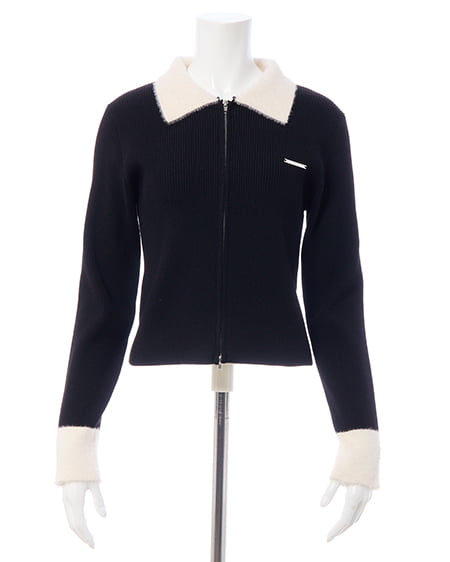 INGNI（イング） リブフェザー襟ダブルジップニットカーディガン ｸﾛ/ｵﾌﾎﾜｲﾄ