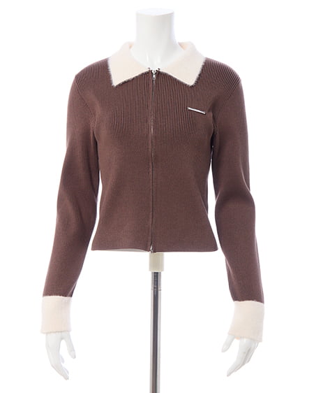 INGNI（イング） リブフェザー襟ダブルジップニットカーディガン ﾌﾞﾗｳﾝ/ｵﾌﾎﾜｲﾄ