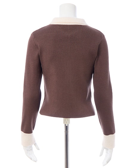 INGNI（イング） リブフェザー襟ダブルジップニットカーディガン ﾌﾞﾗｳﾝ/ｵﾌﾎﾜｲﾄ