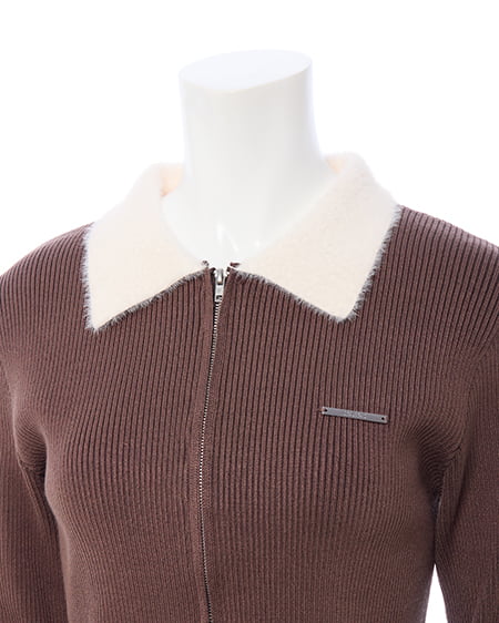 INGNI（イング） リブフェザー襟ダブルジップニットカーディガン ﾌﾞﾗｳﾝ/ｵﾌﾎﾜｲﾄ