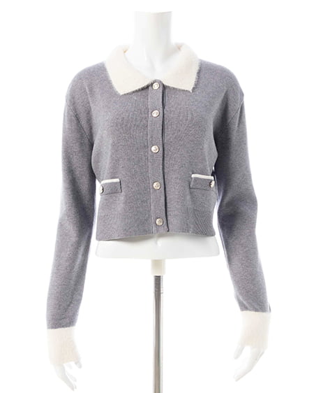 INGNI（イング） フェザー襟配色ニットカーディガン ｸﾞﾚｰ/ｵﾌﾎﾜｲﾄ