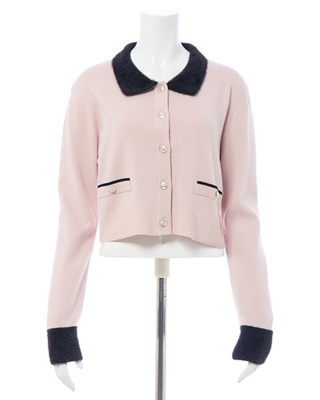 INGNI（イング） フェザー襟配色ニットカーディガン ﾋﾟﾝｸ/ｸﾛ