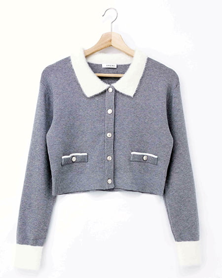 フェザー襟配色ニットカーディガン