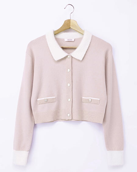 フェザー襟配色ニットカーディガン